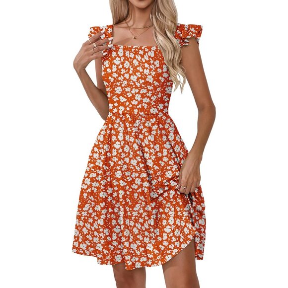 Dresses & Skirts - Women's Summer Dresses Casual Square Neck - Orange Floral